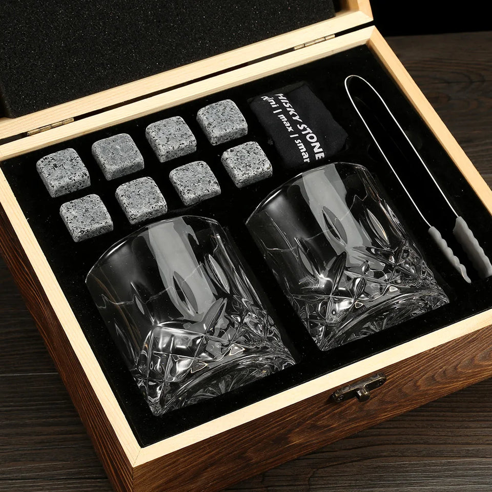 Whiskey Stones & Glasses Set, Granite Ice Cube For Whisky, Whisky Chilling Rocks In Wooden Box, Best Gift For Dad Husband Men