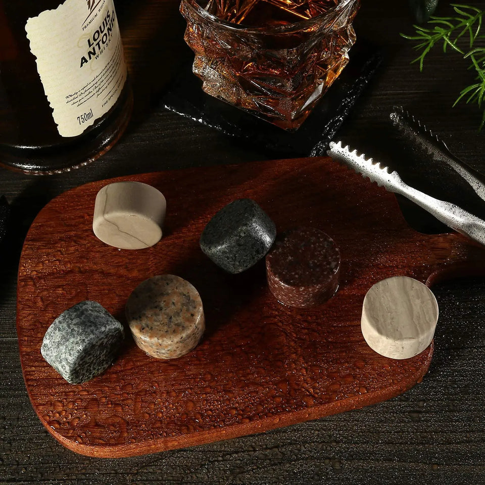 Whiskey Stones & Glasses Set, Granite Ice Cube For Whisky, Whisky Chilling Rocks In Wooden Box, Best Gift For Dad Husband Men