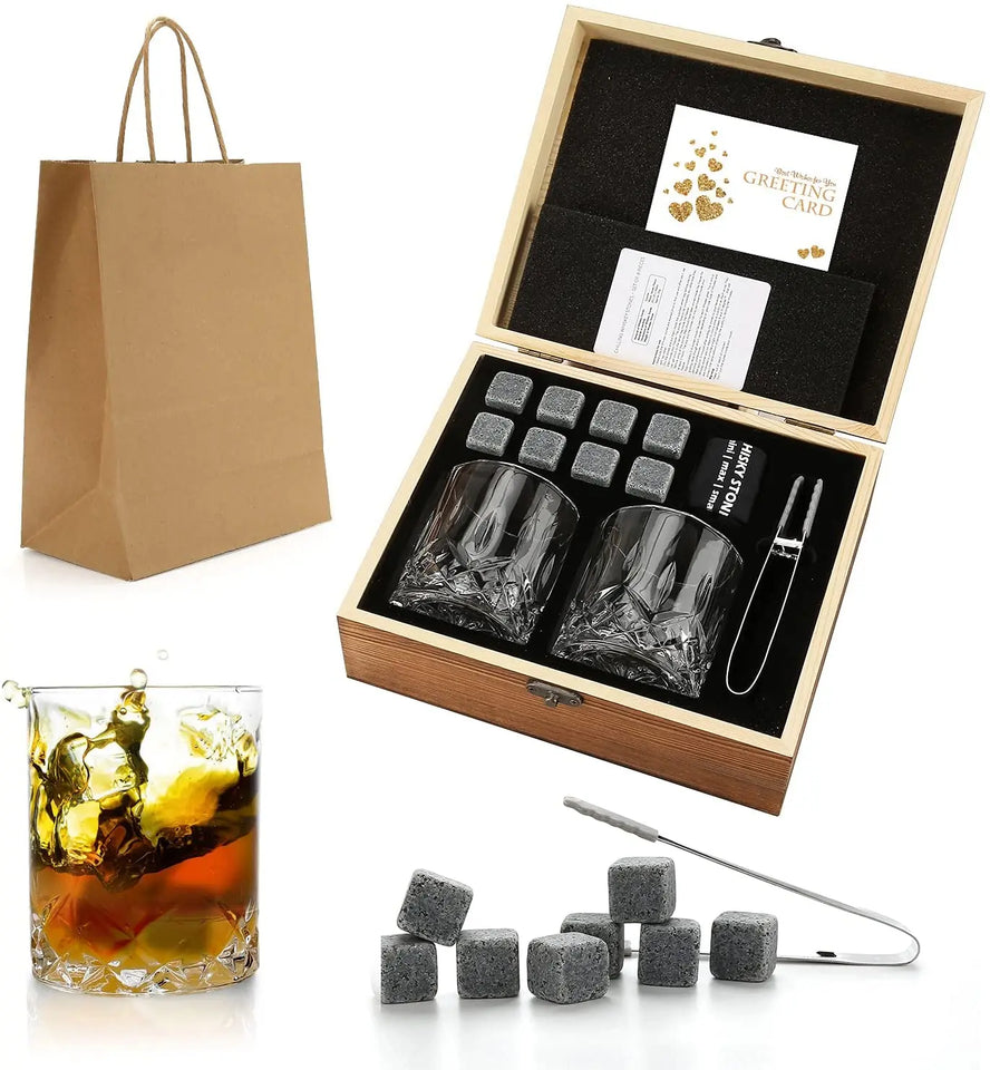 Whiskey Stones & Glasses Set, Granite Ice Cube For Whisky, Whisky Chilling Rocks In Wooden Box, Best Gift For Dad Husband Men