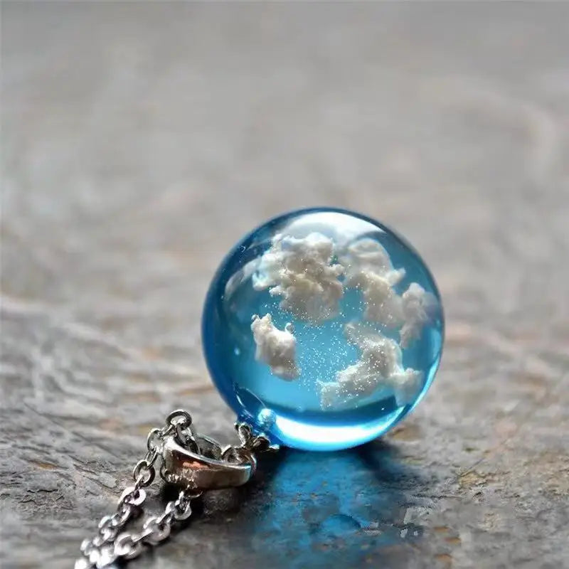 Manual Resin Ball Crescent Moon Chain Necklace Women Blue Sky White Cloud Necklace Fashion Jewelry Gift for Girlfriend Dropship