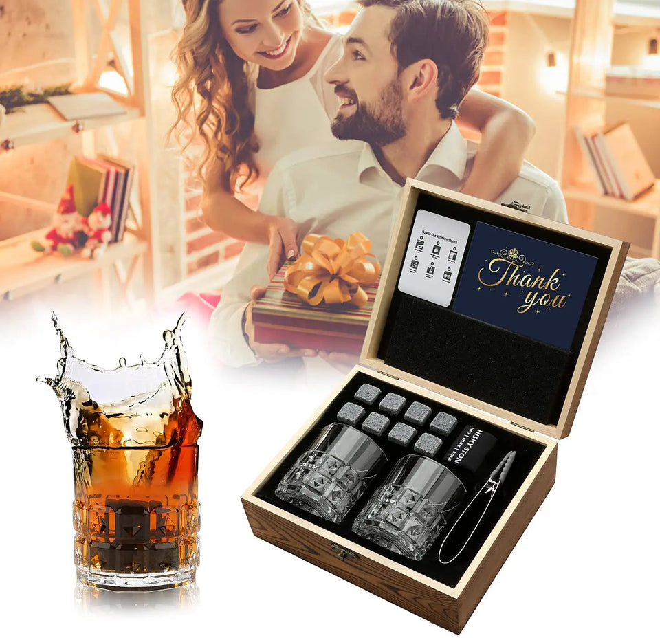 Whiskey Stones & Glasses Set, Granite Ice Cube For Whisky, Whisky Chilling Rocks In Wooden Box, Best Gift For Dad Husband Men