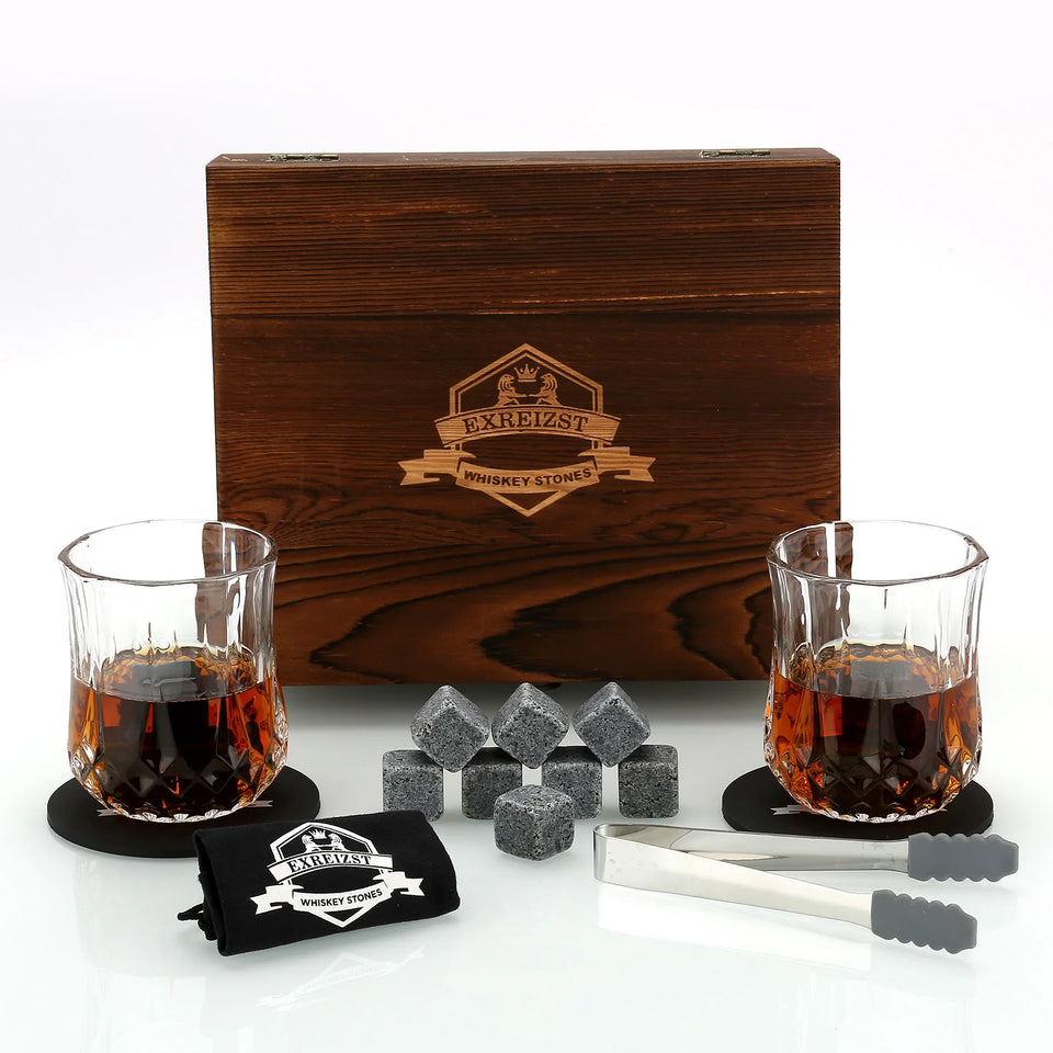 Whiskey Stones & Glasses Set, Granite Ice Cube For Whisky, Whisky Chilling Rocks In Wooden Box, Best Gift For Dad Husband Men