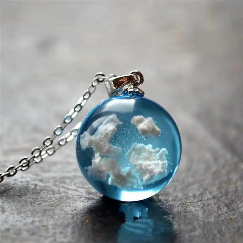 Manual Resin Ball Crescent Moon Chain Necklace Women Blue Sky White Cloud Necklace Fashion Jewelry Gift for Girlfriend Dropship