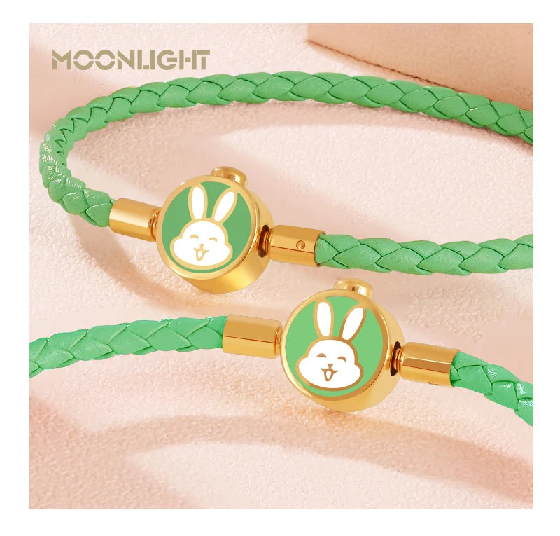 High Quality White Lovely Rabbit Genuine Braided Leather Bracelet for Woman Stainless Steel Button Bangles Chiristmas Girl Gift