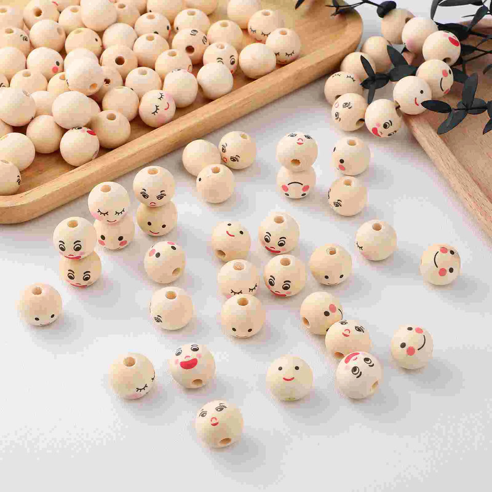 100 Pcs Round Face Beads Pieces Natural Wooden 20mm Decor Chiristmas Tree Garland Craft Smiling Face Loose For Bracelets