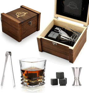 Whiskey Stones & Glasses Set, Granite Ice Cube For Whisky, Whisky Chilling Rocks In Wooden Box, Best Gift For Dad Husband Men