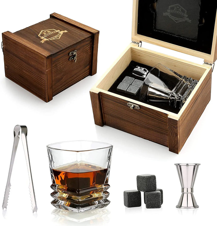 Whiskey Stones & Glasses Set, Granite Ice Cube For Whisky, Whisky Chilling Rocks In Wooden Box, Best Gift For Dad Husband Men