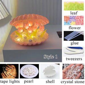 Handmade DIY Ceramic Shell Tulip Small Night Lamp Creative Valentine Christmas Birthday Kids Gift Bedside Table Ambience Light