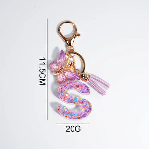 Purple Snowflakes Butterfly A To Z Letter Keychain 26 Initials Alphabet Butterfly Tassel Pendant Key Chain Jewelry Women Gift