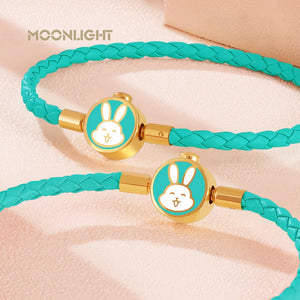 High Quality White Lovely Rabbit Genuine Braided Leather Bracelet for Woman Stainless Steel Button Bangles Chiristmas Girl Gift