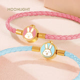 High Quality White Lovely Rabbit Genuine Braided Leather Bracelet for Woman Stainless Steel Button Bangles Chiristmas Girl Gift