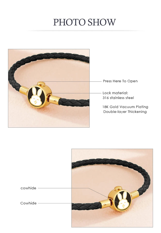 High Quality White Lovely Rabbit Genuine Braided Leather Bracelet for Woman Stainless Steel Button Bangles Chiristmas Girl Gift