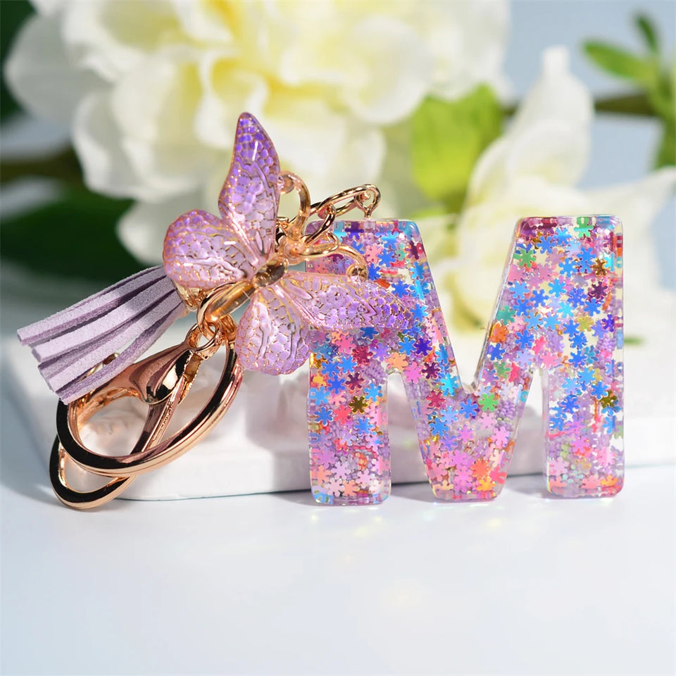 Purple Snowflakes Butterfly A To Z Letter Keychain 26 Initials Alphabet Butterfly Tassel Pendant Key Chain Jewelry Women Gift