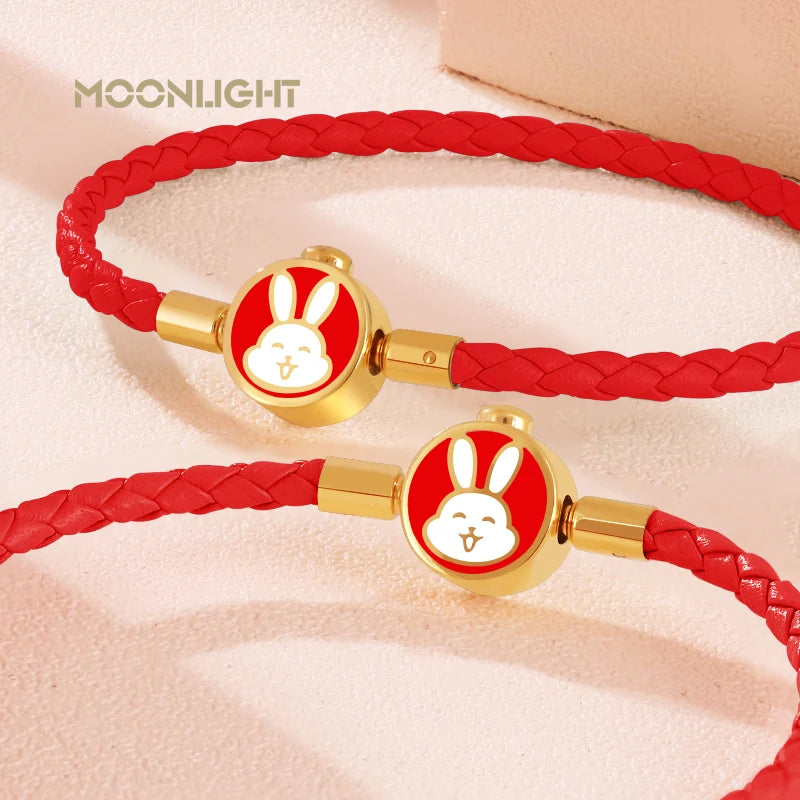 High Quality White Lovely Rabbit Genuine Braided Leather Bracelet for Woman Stainless Steel Button Bangles Chiristmas Girl Gift