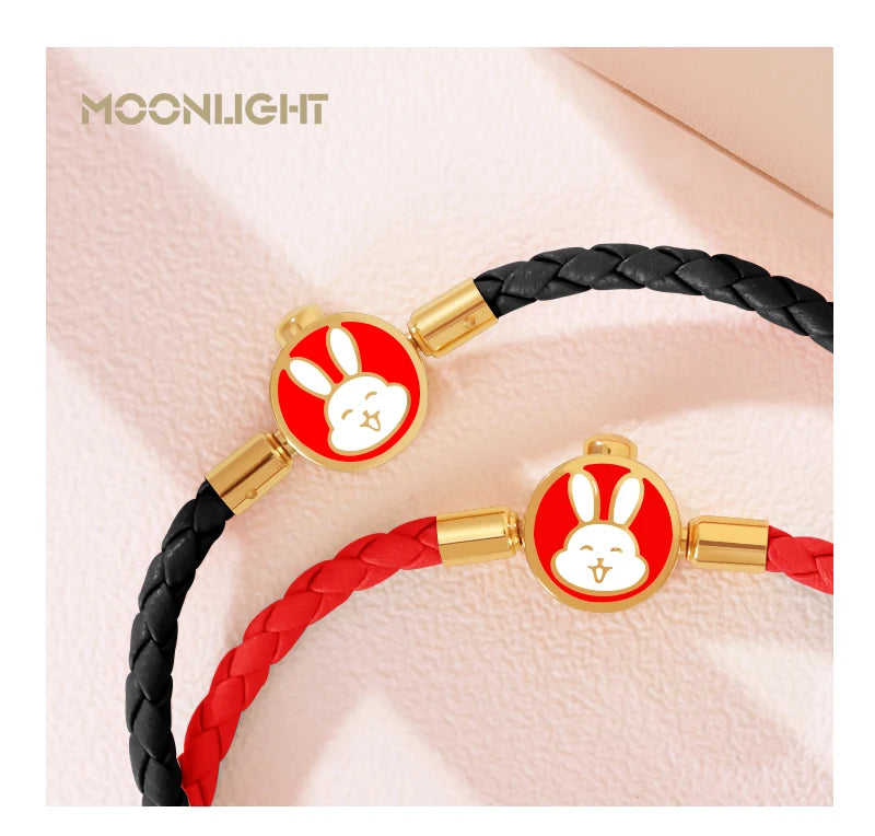 High Quality White Lovely Rabbit Genuine Braided Leather Bracelet for Woman Stainless Steel Button Bangles Chiristmas Girl Gift