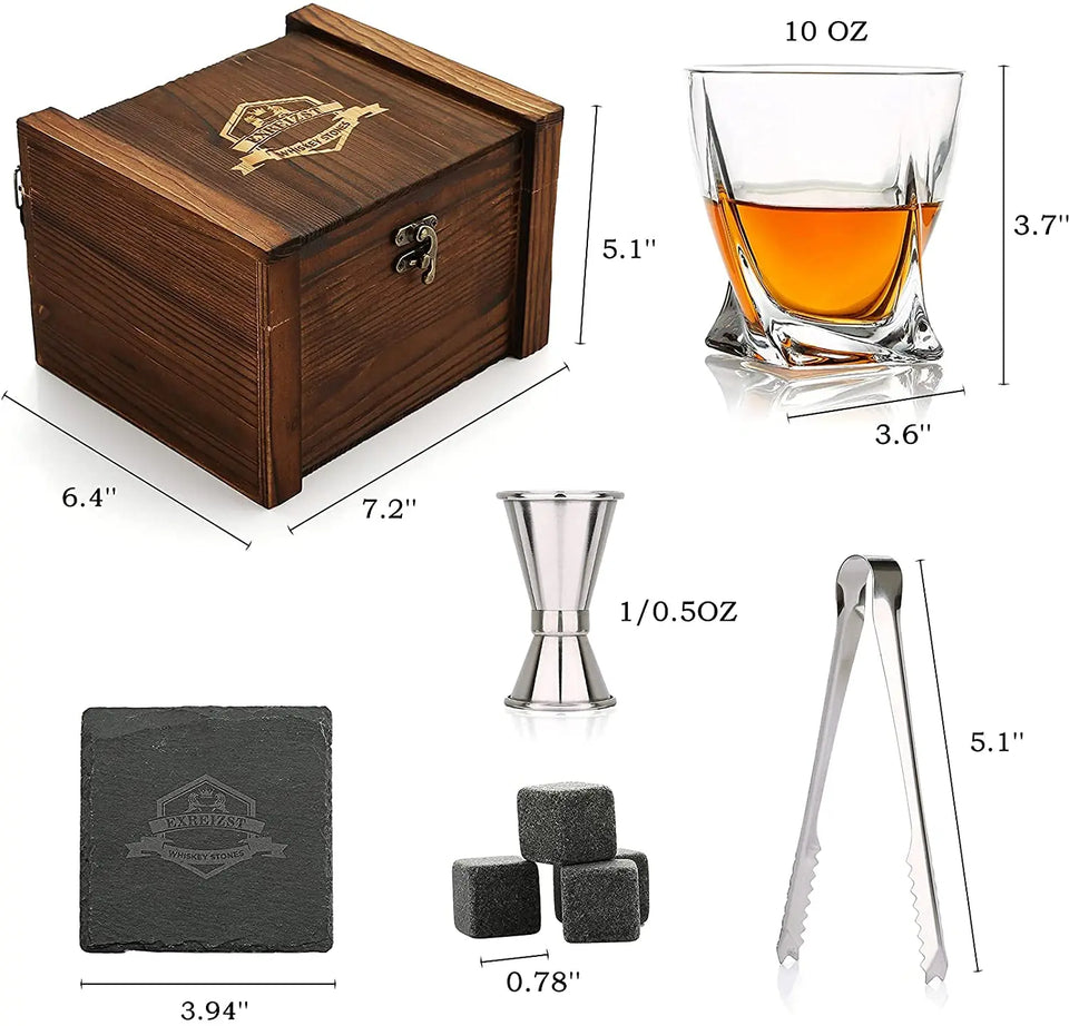 Whiskey Stones & Glasses Set, Granite Ice Cube For Whisky, Whisky Chilling Rocks In Wooden Box, Best Gift For Dad Husband Men