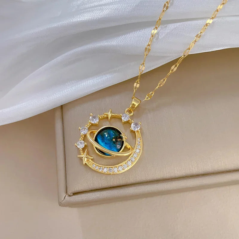 Exquisite Starry Sky Planet Light Luxurious Temperament Gorgeous Necklace Stars and Moon Versatile Stainless Steel Clavicle Gift