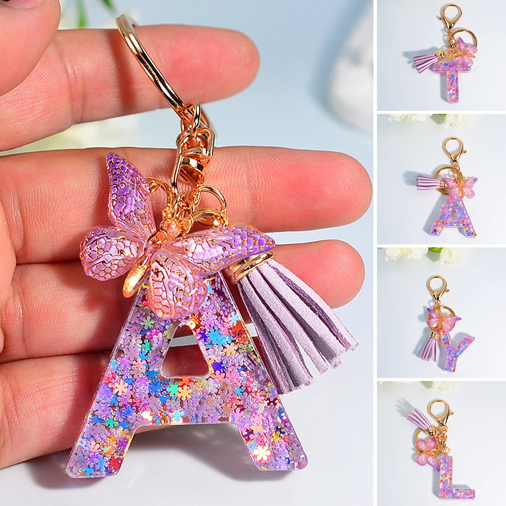 Purple Snowflakes Butterfly A To Z Letter Keychain 26 Initials Alphabet Butterfly Tassel Pendant Key Chain Jewelry Women Gift