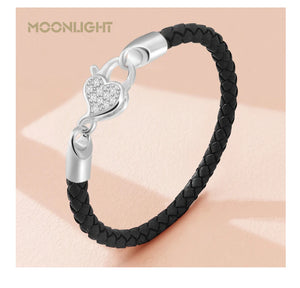 New Luxury S925 Sterling Silver Bracelet for Women Zirconia Love Heart Leather Bracelet Fashion Female Jewelry Chiristmas Gifts