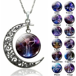 Fashion 12 Constellation Astrology Horoscope Necklace Moon Glass Pendant Zodiac Necklace For Women Men Birthday Jewelry Gift