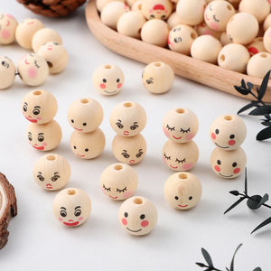 100 Pcs Round Face Beads Pieces Natural Wooden 20mm Decor Chiristmas Tree Garland Craft Smiling Face Loose For Bracelets