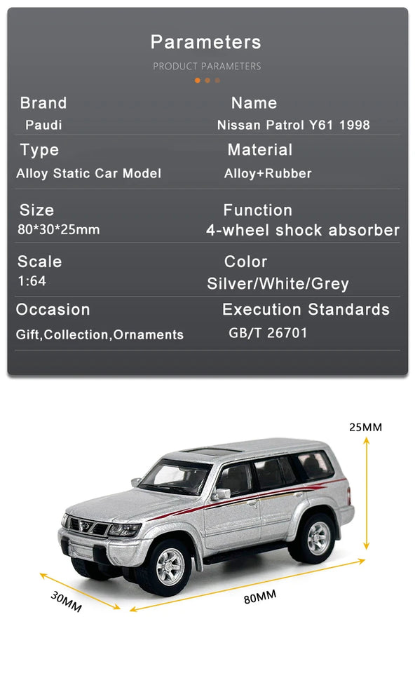 1:64 Scale Nissan Patrol 1998 Y61 Car Model 1:64 Metal Diecast Miniature Ariya X-trail Q50S Q70L QX70S QX60 QX80 Vehicle Toys