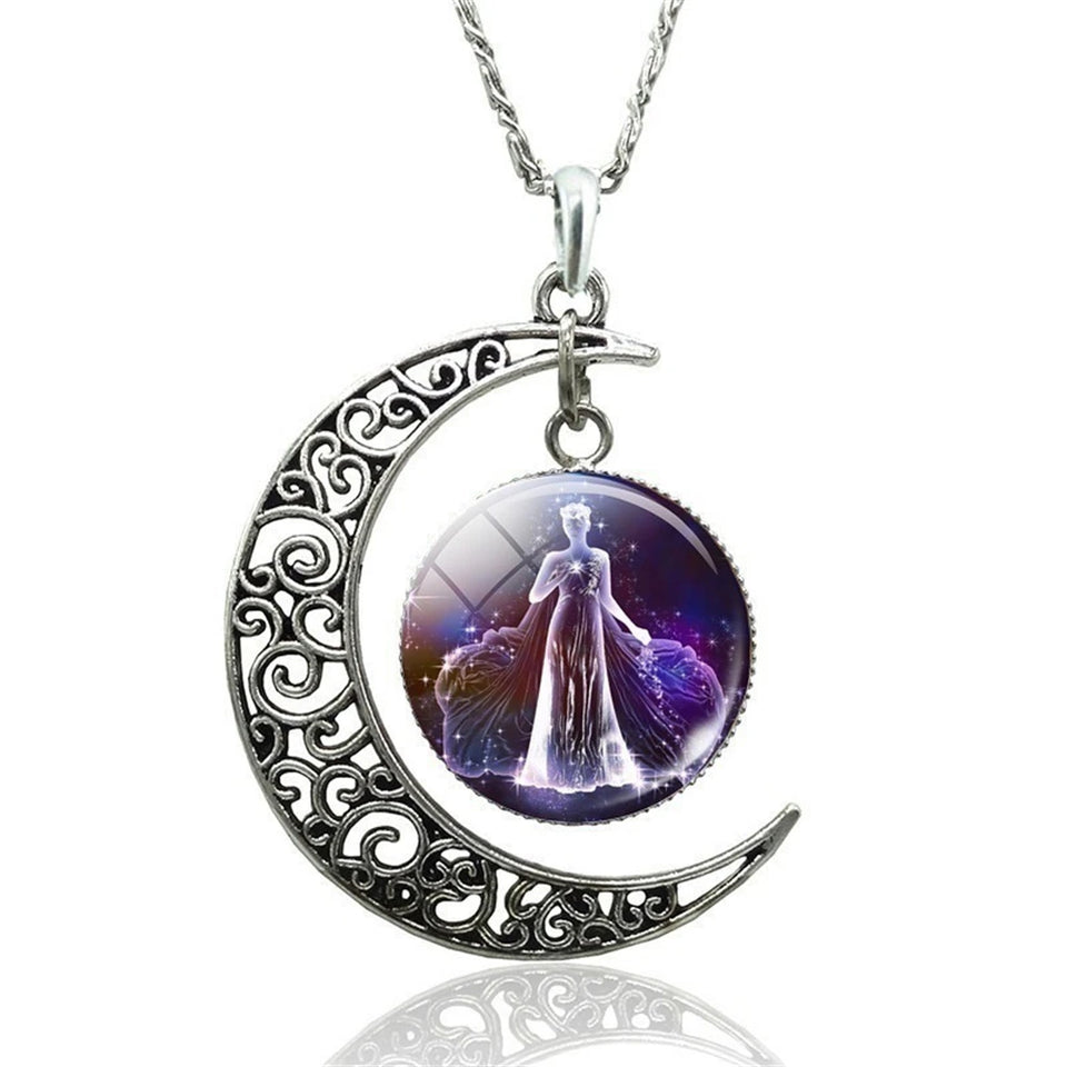 Fashion 12 Constellation Astrology Horoscope Necklace Moon Glass Pendant Zodiac Necklace For Women Men Birthday Jewelry Gift