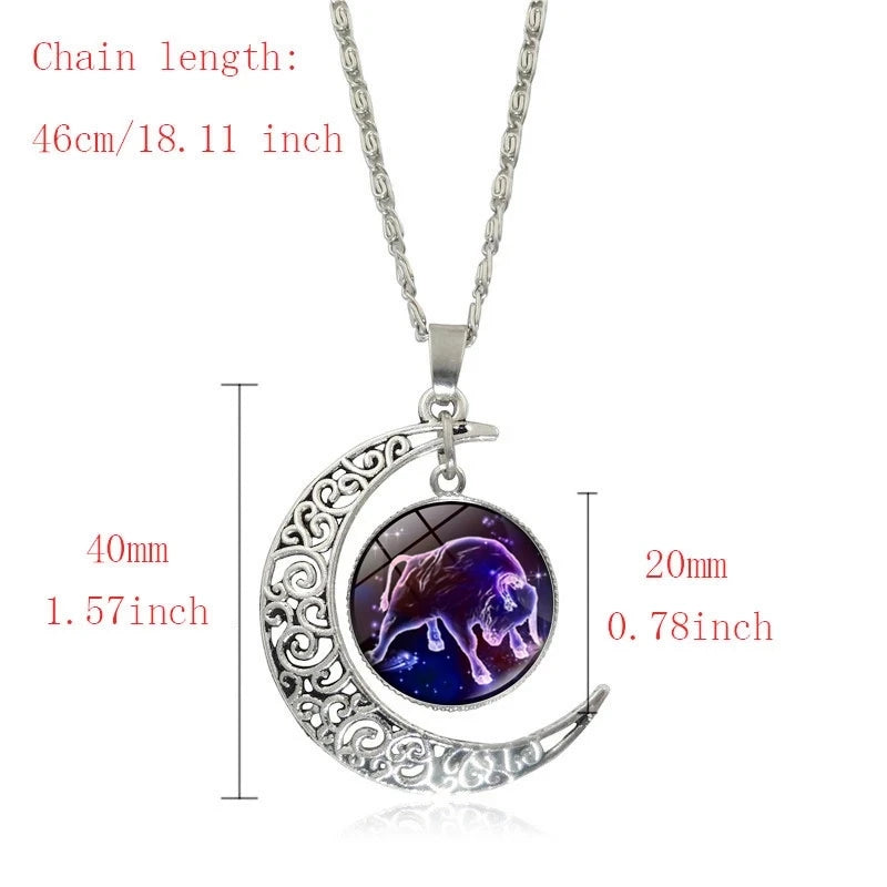 Fashion 12 Constellation Astrology Horoscope Necklace Moon Glass Pendant Zodiac Necklace For Women Men Birthday Jewelry Gift