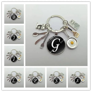 New Cooking Keychain Home Cooking Key Ring A-Z Round Glass Dome Cabochon Pendant Tableware Key Ring For Chef Gifts Jewelry