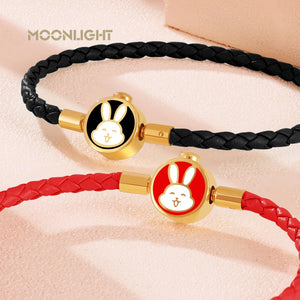 High Quality White Lovely Rabbit Genuine Braided Leather Bracelet for Woman Stainless Steel Button Bangles Chiristmas Girl Gift