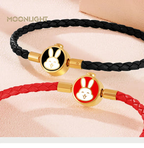 High Quality White Lovely Rabbit Genuine Braided Leather Bracelet for Woman Stainless Steel Button Bangles Chiristmas Girl Gift