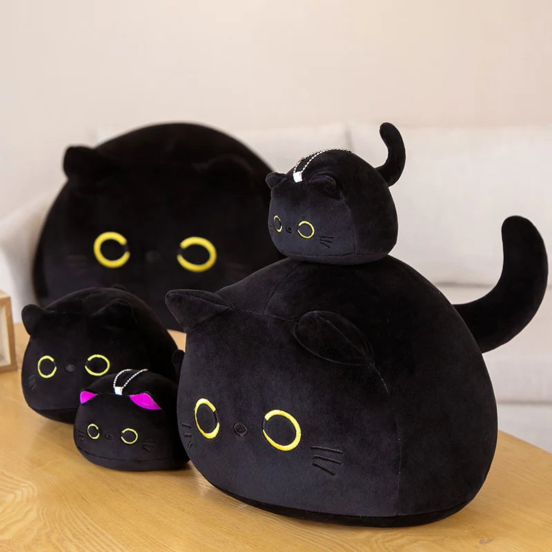 9/15/25CM Kawaii Small Cuddly Black Cat Plush Doll Cartoon Stuffed Round Ball Cat Plushie Girl's Bag Keychain Pendant Toys