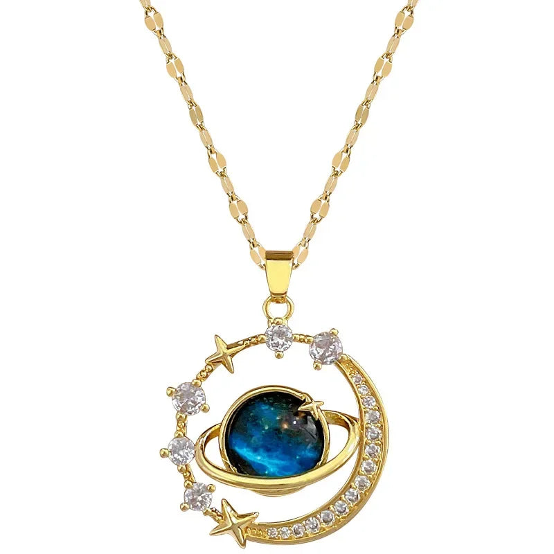 Exquisite Starry Sky Planet Light Luxurious Temperament Gorgeous Necklace Stars and Moon Versatile Stainless Steel Clavicle Gift