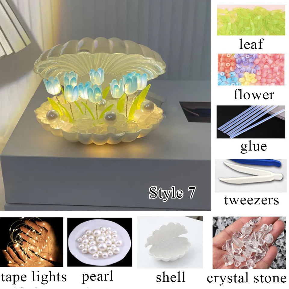 Handmade DIY Ceramic Shell Tulip Small Night Lamp Creative Valentine Christmas Birthday Kids Gift Bedside Table Ambience Light