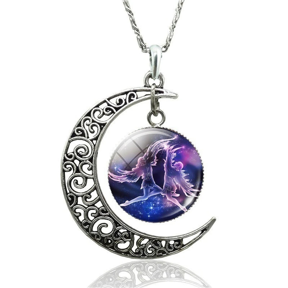 Fashion 12 Constellation Astrology Horoscope Necklace Moon Glass Pendant Zodiac Necklace For Women Men Birthday Jewelry Gift