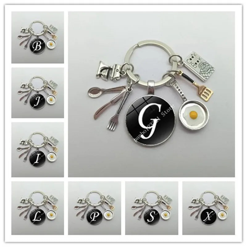 New Cooking Keychain Home Cooking Key Ring A-Z Round Glass Dome Cabochon Pendant Tableware Key Ring For Chef Gifts Jewelry