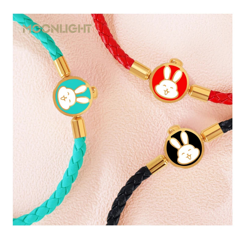 High Quality White Lovely Rabbit Genuine Braided Leather Bracelet for Woman Stainless Steel Button Bangles Chiristmas Girl Gift