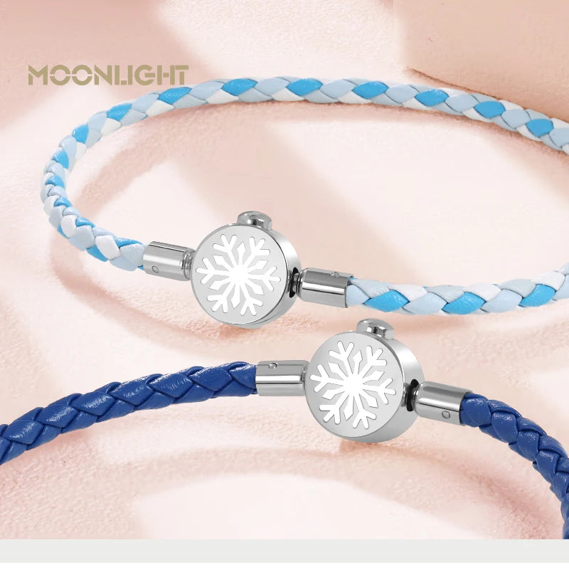 High Quality 316L Stainless Steel Snowflake Shape Bracelet for woman Blue Genuine Braided Leather Bracelet Chiristmas Gifts