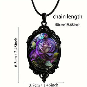 Chic 1pc Black Floral Pendant Necklace - Glass with Elegant Frame - Ideal for Romantic Gifts & Special Occasionsin A Niche Style