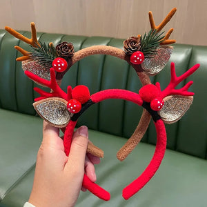 Christmas Headband Reindeer Antlers Horn Flower Hair Band Clasp Headwear for Kids Adult New Year Navidad Party Halloween Cosplay