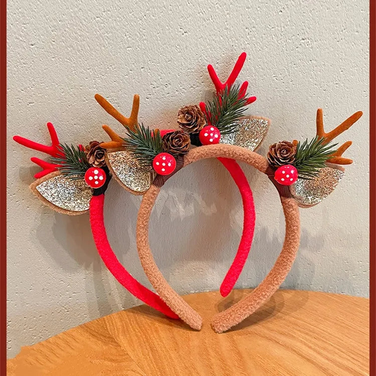 Christmas Headband Reindeer Antlers Horn Flower Hair Band Clasp Headwear for Kids Adult New Year Navidad Party Halloween Cosplay